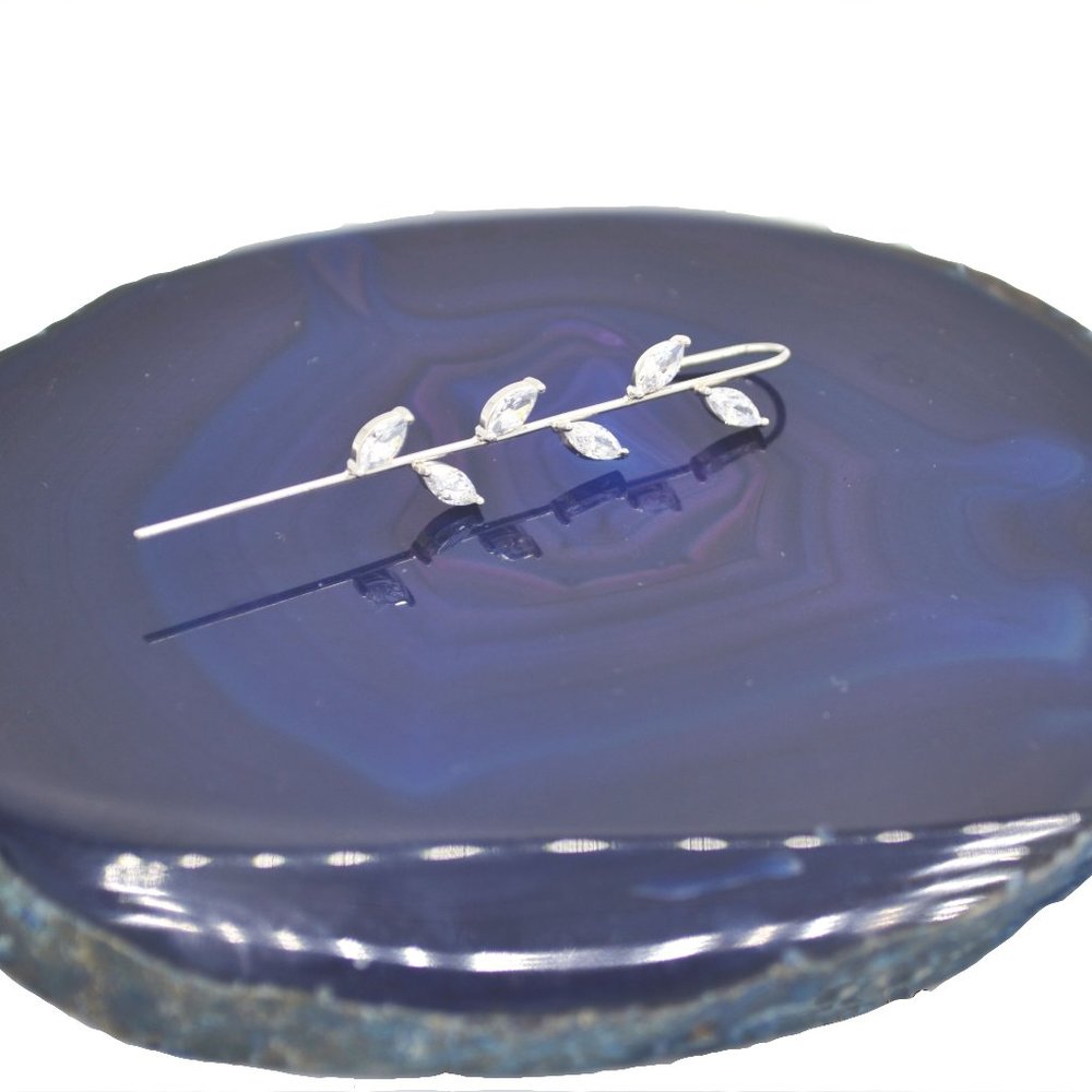 Sterling Silver Ear Pin, Ear Wrap Crawler Hook Earring, CZ Leaf Ear